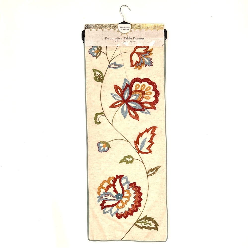 Treasures of India Cream Red Blue Floral Embroidered Table Runner 14" x 72" NEW